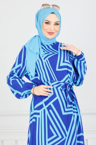 moda selvim Geometrik Desenli Viskon Elbise 811OZN1046 Saks - Thumbnail