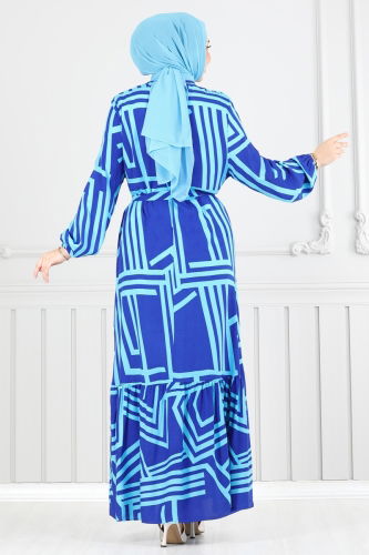 moda selvim Geometrik Desenli Viskon Elbise 811OZN1046 Saks - Thumbnail