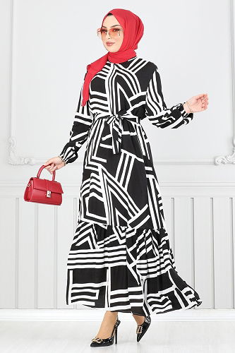 moda selvim Geometrik Desenli Viskon Elbise 811OZN1046 Siyah - Thumbnail