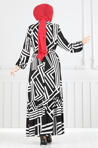 moda selvim Geometrik Desenli Viskon Elbise 811OZN1046 Siyah - Thumbnail