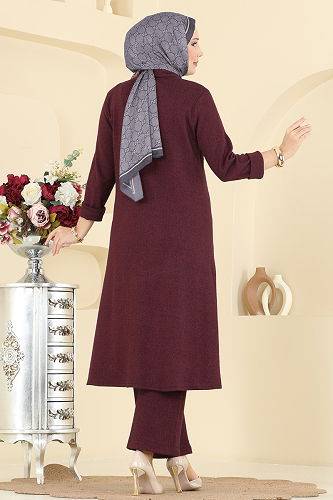 moda selvim Gizli Düğmeli Balıksırtı Takım 24006UKB139 Açık Bordo - Thumbnail