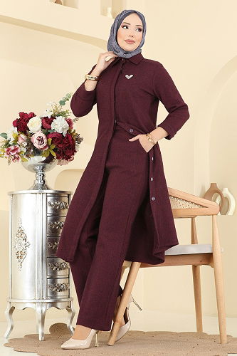 moda selvim Gizli Düğmeli Balıksırtı Takım 24006UKB139 Açık Bordo - Thumbnail