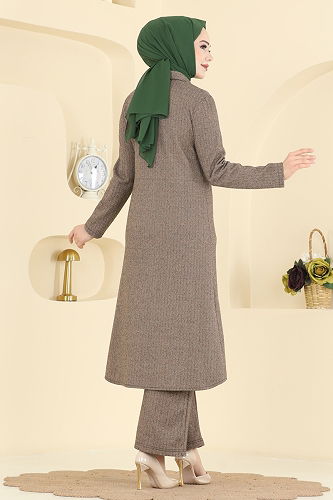 moda selvim Gizli Düğmeli Balıksırtı Takım 24006UKB139 Bej - Thumbnail