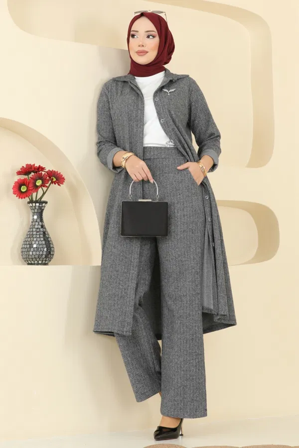 Modaselvim Kombin Gizli Düğmeli Balıksırtı Takım 24006UKB139 Gri