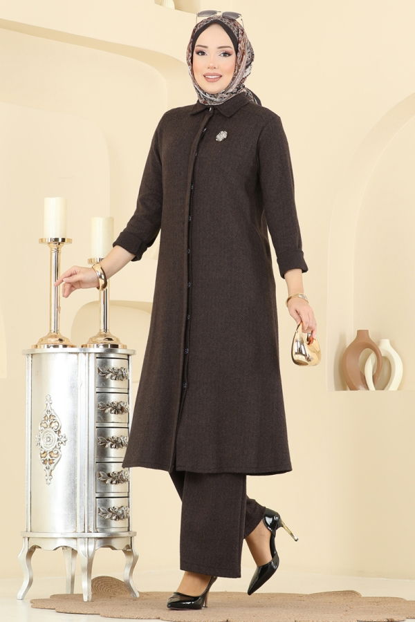 Modaselvim Kombin Gizli Düğmeli Balıksırtı Takım 24006UKB139 Kahve