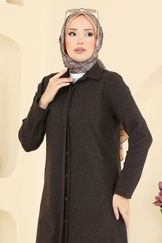 moda selvim Gizli Düğmeli Balıksırtı Takım 24006UKB139 Koyu Kahve - Thumbnail