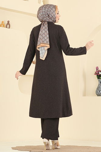 moda selvim Gizli Düğmeli Balıksırtı Takım 24006UKB139 Koyu Kahve - Thumbnail