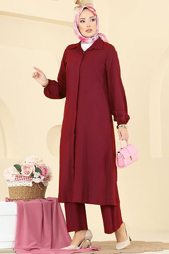 moda selvim Gizli Düğmeli Belmando Takım 0340BG354 Bordo - Thumbnail