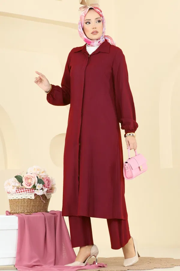 Modaselvim Kombin Gizli Düğmeli Belmando Takım 0340BG354 Bordo