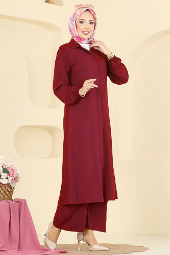 moda selvim Gizli Düğmeli Belmando Takım 0340BG354 Bordo - Thumbnail