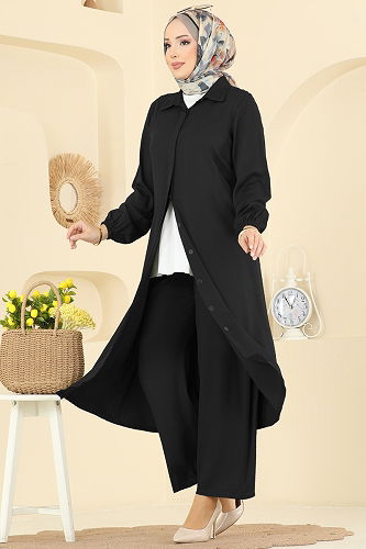 moda selvim Gizli Düğmeli Belmando Takım 0340BG354 Siyah - Thumbnail