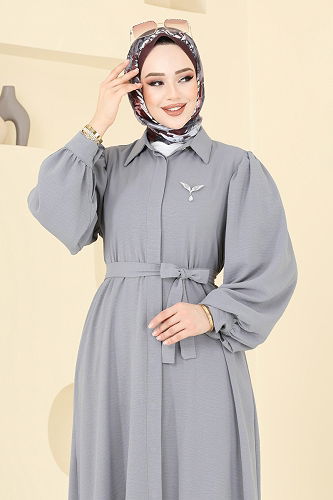 moda selvim Gizli Düğmeli Elbise Ferace 0037BG354 Gri - Thumbnail