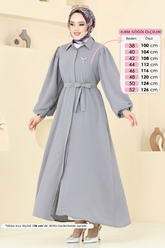 moda selvim Gizli Düğmeli Elbise Ferace 0037BG354 Gri - Thumbnail
