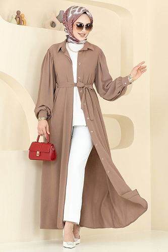 moda selvim Gizli Düğmeli Elbise Ferace 0037BG354 Koyu Vizyon - Thumbnail