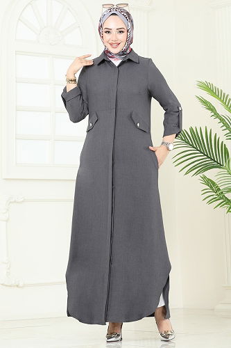 moda selvim Gizli Düğmeli Elbise Ferace 2681SL432 Antrasit - Thumbnail