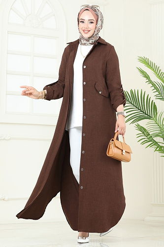 moda selvim Gizli Düğmeli Elbise Ferace 2681SL432 Kahve - Thumbnail