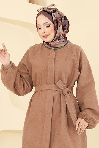 moda selvim Gizli Düğmeli Kaşe Kaban 0504BG354 Açık Taba - Thumbnail