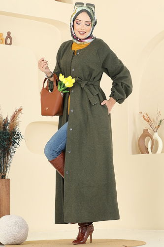 moda selvim Gizli Düğmeli Kaşe Kaban 0504BG354 Haki - Thumbnail