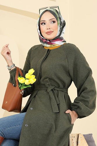 moda selvim Gizli Düğmeli Kaşe Kaban 0504BG354 Haki - Thumbnail