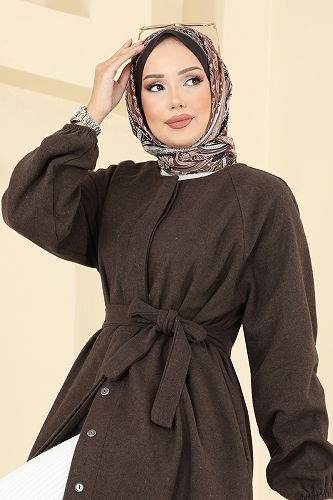 moda selvim Gizli Düğmeli Kaşe Kaban 0504BG354 Kahve - Thumbnail