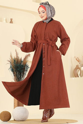 moda selvim Gizli Düğmeli Kaşe Kaban 0504BG354 Kiremit - Thumbnail