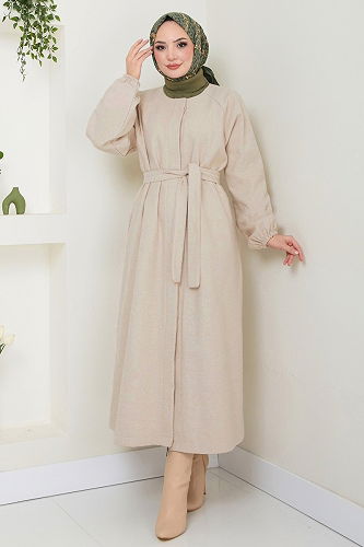 moda selvim Gizli Düğmeli Kaşe Kaban 0504BG354 Taş - Thumbnail