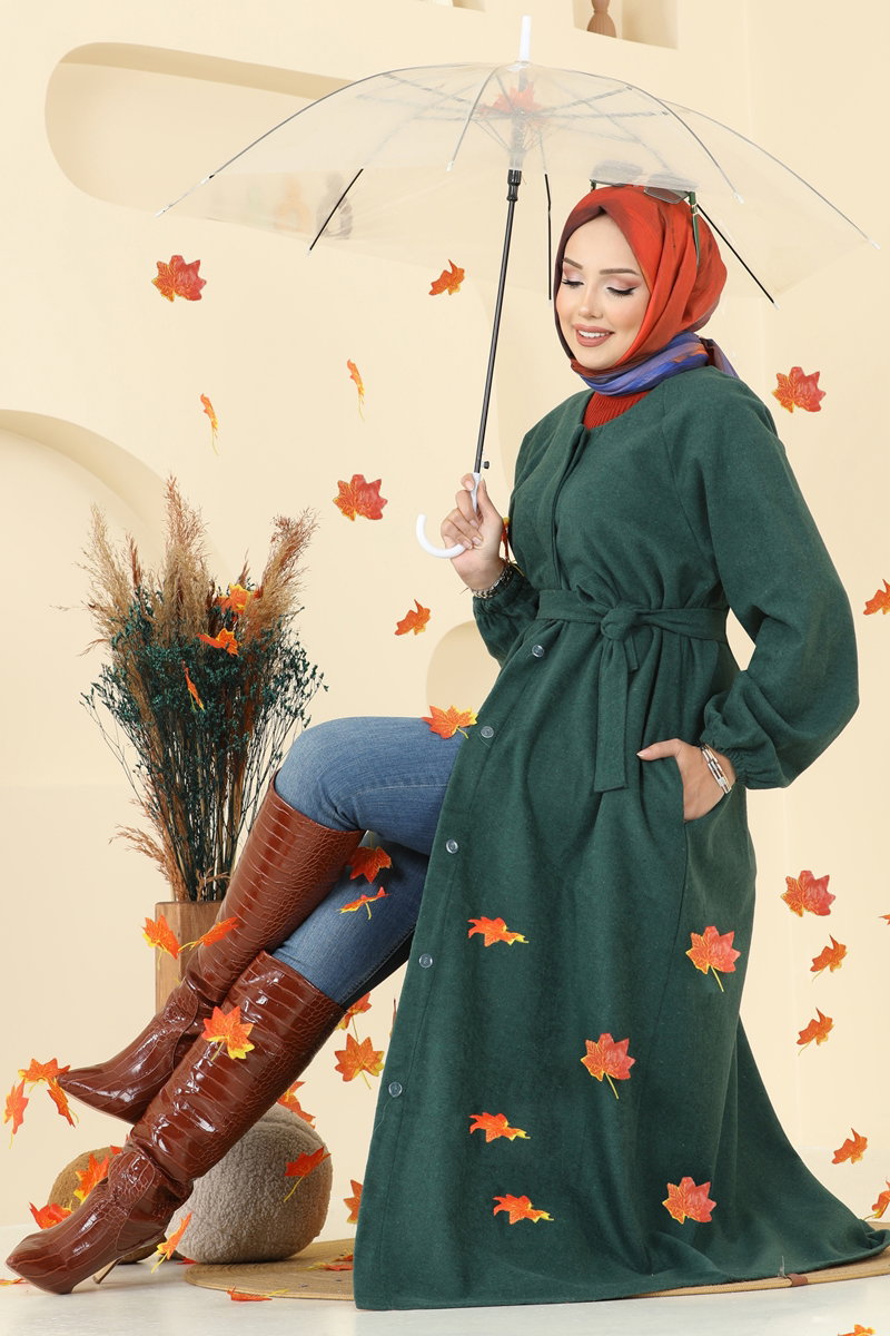 Gizli Düğmeli Kaşe Kaban 0504BG354 Zümrüt