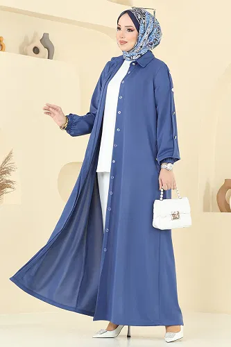 moda selvim Gizli Düğmeli Tesettür Ferace 394DVL817 İndigo - Thumbnail