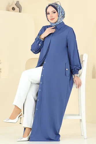 moda selvim Gizli Düğmeli Tesettür Ferace 394DVL817 İndigo - Thumbnail