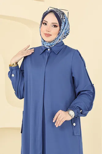 moda selvim Gizli Düğmeli Tesettür Ferace 394DVL817 İndigo - Thumbnail