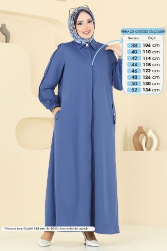 moda selvim Gizli Düğmeli Tesettür Ferace 394DVL817 İndigo - Thumbnail