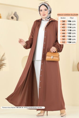 moda selvim Gizli Düğmeli Tesettür Ferace 394DVL817 Kahve - Thumbnail