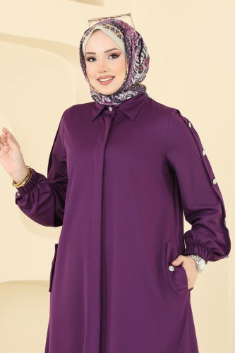 moda selvim Gizli Düğmeli Tesettür Ferace 394DVL817 Mor - Thumbnail