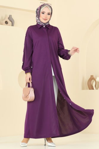moda selvim Gizli Düğmeli Tesettür Ferace 394DVL817 Mor - Thumbnail