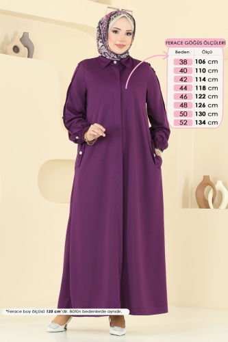moda selvim Gizli Düğmeli Tesettür Ferace 394DVL817 Mor - Thumbnail