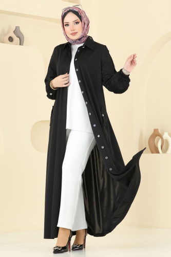 moda selvim Gizli Düğmeli Tesettür Ferace 394DVL817 Siyah - Thumbnail