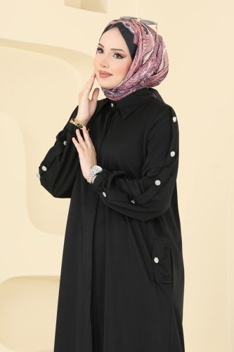 moda selvim Gizli Düğmeli Tesettür Ferace 394DVL817 Siyah - Thumbnail