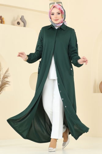 moda selvim Gizli Düğmeli Tesettür Ferace 394DVL817 Zümrüt - Thumbnail