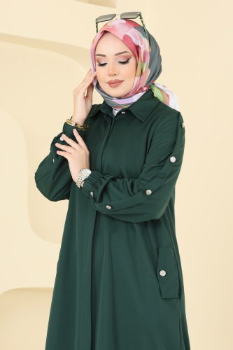 moda selvim Gizli Düğmeli Tesettür Ferace 394DVL817 Zümrüt - Thumbnail
