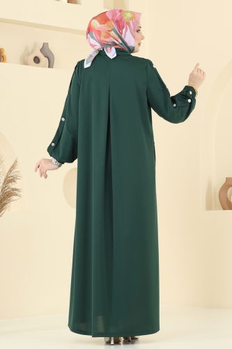 moda selvim Gizli Düğmeli Tesettür Ferace 394DVL817 Zümrüt - Thumbnail