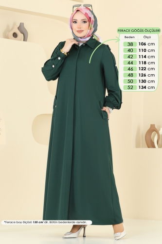 moda selvim Gizli Düğmeli Tesettür Ferace 394DVL817 Zümrüt - Thumbnail