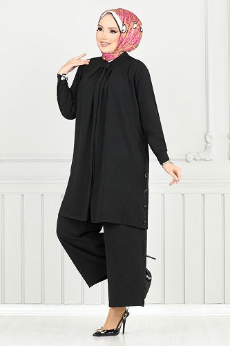 moda selvim Gizli Düğmeli Tesettür Takım 3100HBS932-M Siyah - Thumbnail