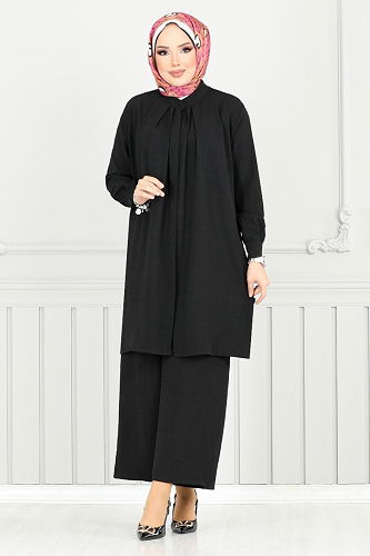 moda selvim Gizli Düğmeli Tesettür Takım 3100HBS932-M Siyah - Thumbnail