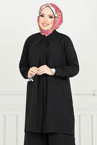 moda selvim Gizli Düğmeli Tesettür Takım 3100HBS932-M Siyah - Thumbnail