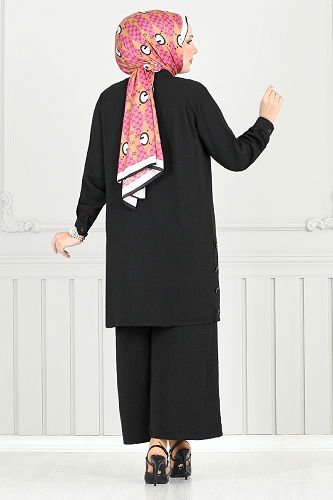 moda selvim Gizli Düğmeli Tesettür Takım 3100HBS932-M Siyah - Thumbnail