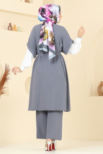 moda selvim Gizli Düğmeli Üçlü Takım 384DVL817 Gri - Thumbnail