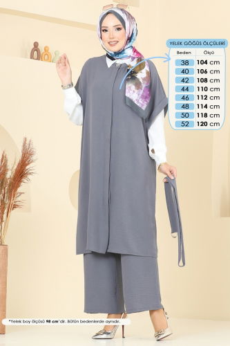 moda selvim Gizli Düğmeli Üçlü Takım 384DVL817 Gri - Thumbnail