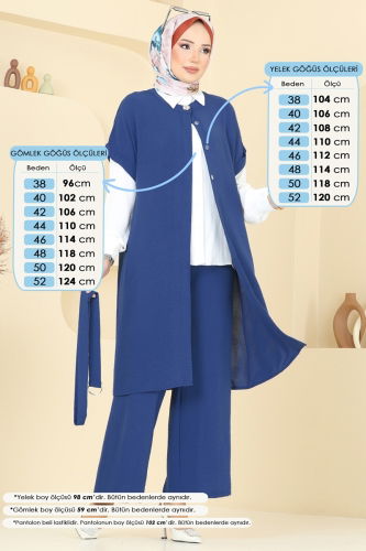 moda selvim Gizli Düğmeli Üçlü Takım 384DVL817 İndigo - Thumbnail