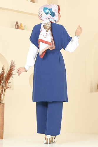 moda selvim Gizli Düğmeli Üçlü Takım 384DVL817 İndigo - Thumbnail
