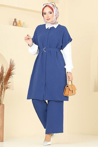 moda selvim Gizli Düğmeli Üçlü Takım 384DVL817 İndigo - Thumbnail